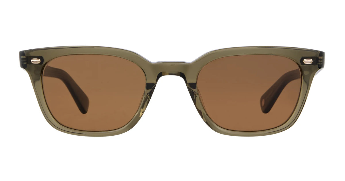 Front view of Garrett Leight Lugo rectangular wayfarer sunglasses by Garrett Leight, featuring olive green thick frames and brown tinted lenses, set against a white background, offering classic style and reliable UV protection.