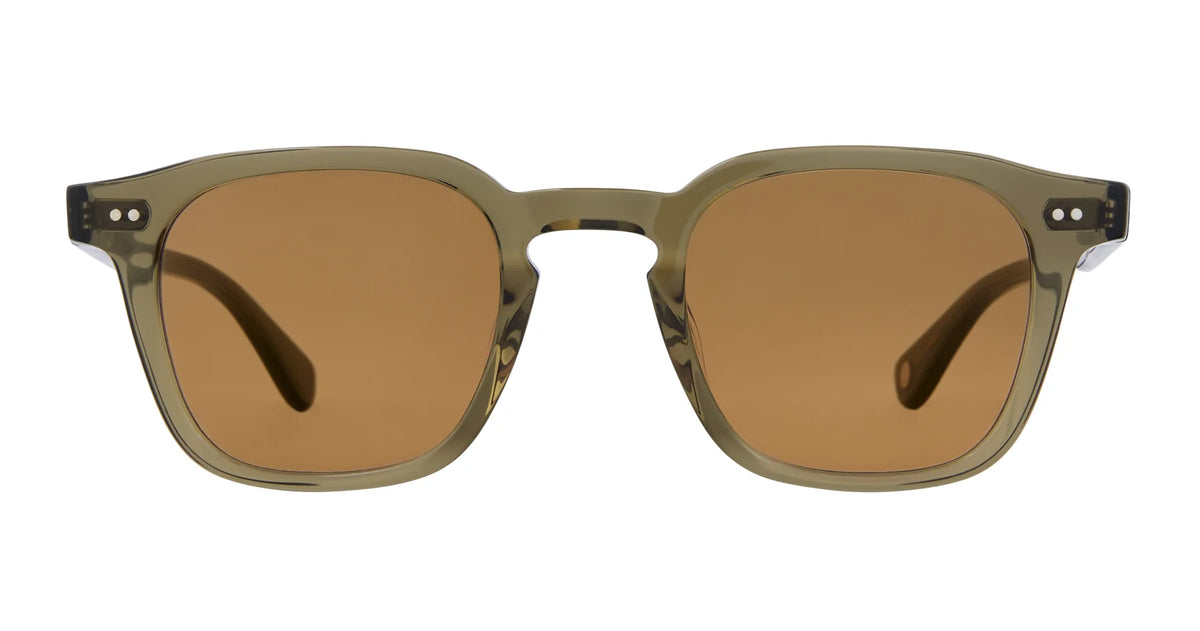 Front view of the Garrett Leight Verdugo sunglasses by Garrett Leight, featuring square olive green frames with two small silver dots on each upper corner and brown tinted lenses. These stylish sunglasses are handmade in Japan and offer excellent UV protection.