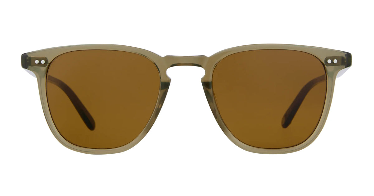 The Garrett Leight Brooks by Garrett Leight are square acetate sunglasses featuring premium brown glass lenses and a translucent brown frame, viewed from the front on a white background, and providing reliable UV protection.