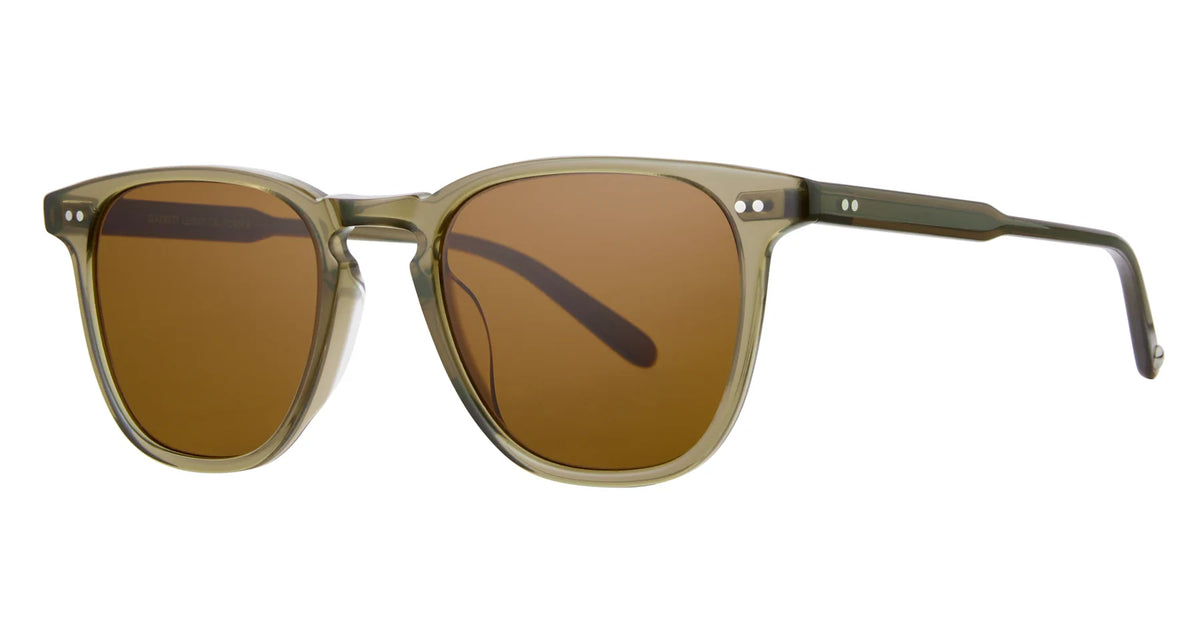 The Garrett Leight Brooks sunglasses by Garrett Leight feature a translucent olive green square acetate frame with rectangular brown-tinted lenses and thin, straight arms that provide UV protection, displayed against a white background.