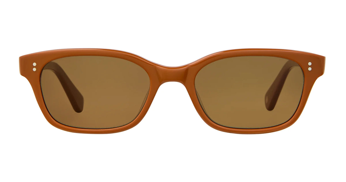 The Garrett Leight Chaparral sunglasses by Garrett Leight feature brown square frames crafted from thick plastic and brown tinted lenses with 100% UV protection, shown from the front against a white background.