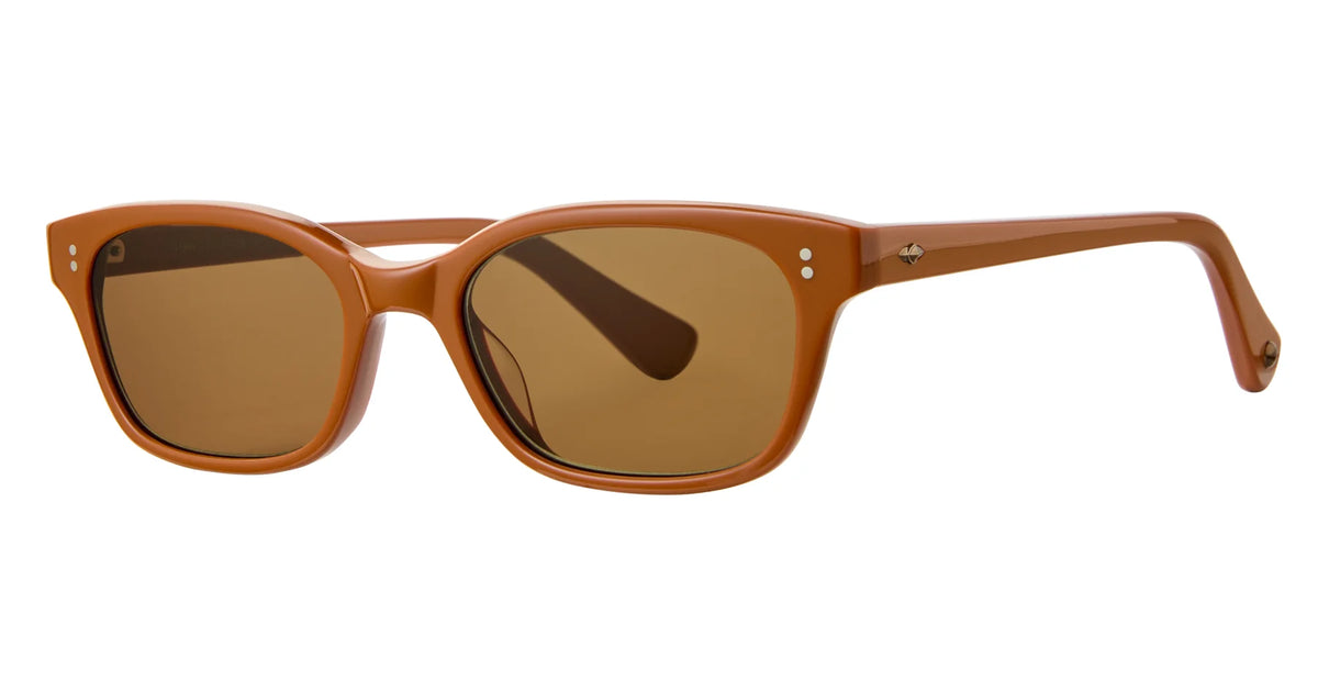 The Garrett Leight Chaparral sunglasses by Garrett Leight feature a brown rectangular shape, a thick glossy frame, brown-tinted lenses with 100% UV protection, and small silver accents near the hinges, displayed against a plain white background.