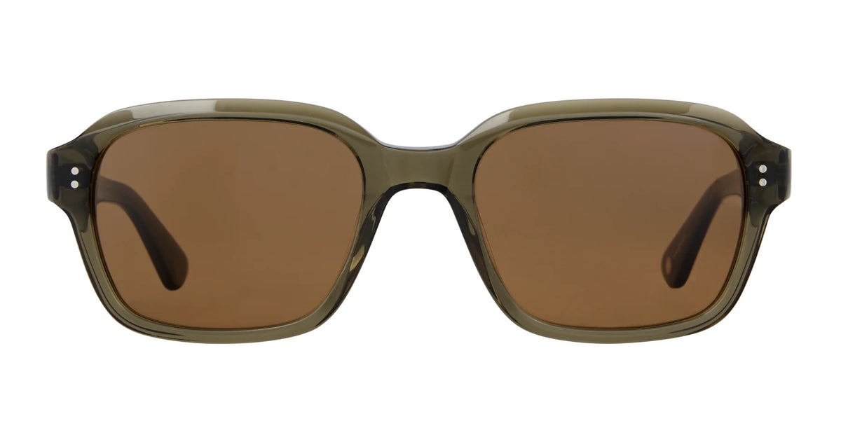 Front view of Garrett Leight Dominguez oversized, vintage square sunglasses by Garrett Leight, featuring brown-tinted premium glass lenses and olive-green translucent frames that offer 100% UV protection, displayed against a white background.