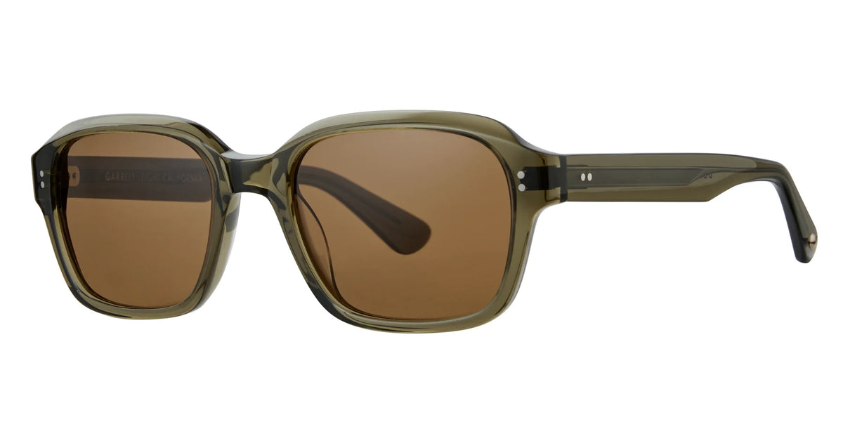 Olive green, rectangular Garrett Leight Dominguez vintage square sunglasses with thick frames and premium glass lenses offering UV protection and brown tinted lenses by Garrett Leight, displayed on a white background.