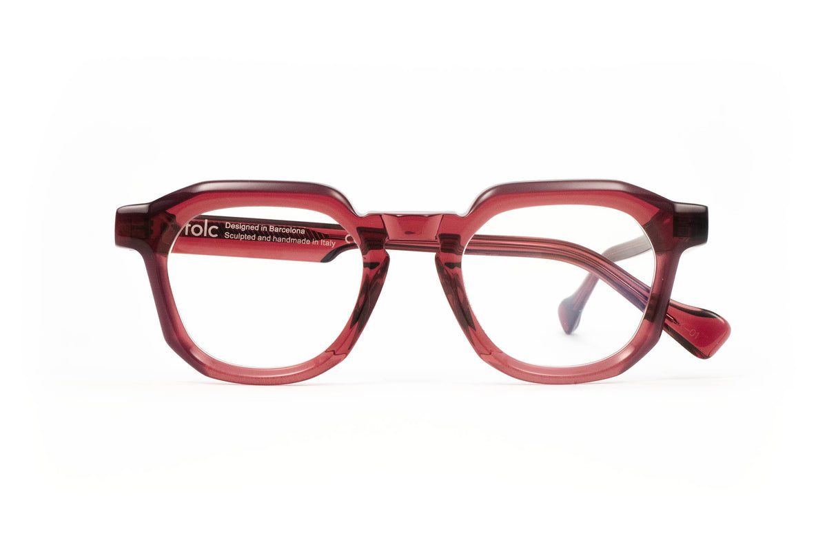 Translucent deep red, geometric-frame Folc Tempo Italian made acetate eyeglasses on a white background.