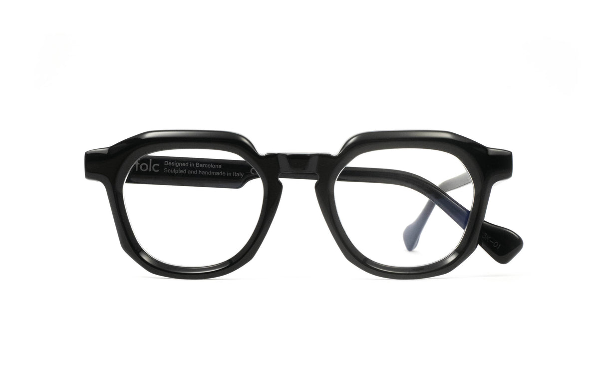 Folc Tempo black geometric-rimmed eyeglasses with thick, Italian-made acetate frames.