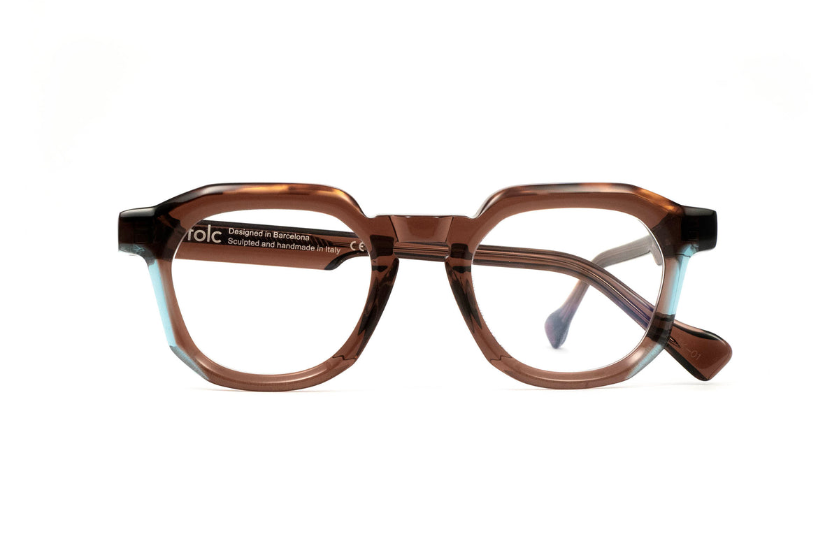 Folc Tempo brown geometric Italian acetate eyeglasses with translucent light blue accents on the inner rims and temples.