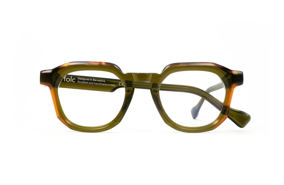 Folc Tempo geometric eyeglasses in olive green and tortoiseshell-patterned Italian acetate.
