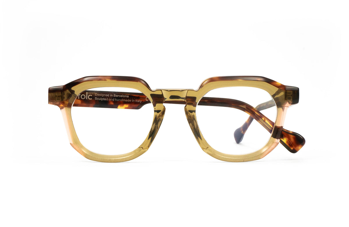 Folc Tempo tortoiseshell eyeglasses with thick, angular frames crafted from Italian-made acetate and clear lenses.