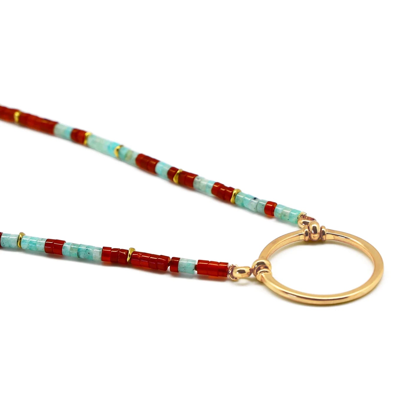 Beaded lanyard with gold clasp on a white background