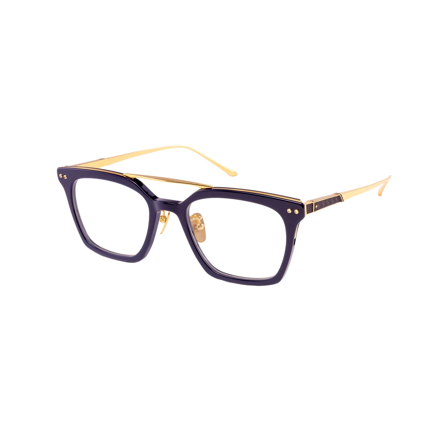 A pair of square-frame eyeglasses with a dark purple acetate front and gold metal double bridge, hinges, and temples, shown on a plain white background.
