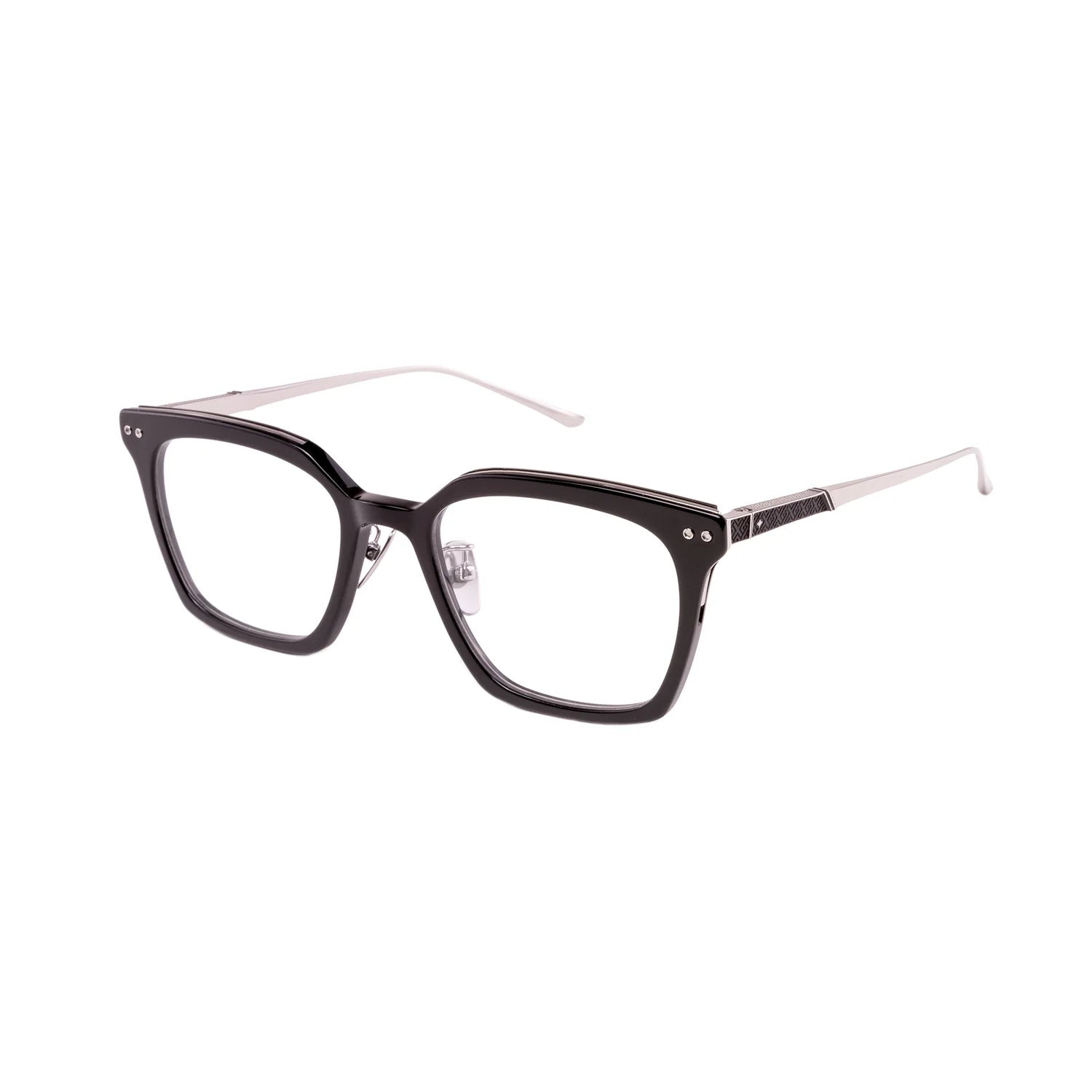 A pair of cat-eye style eyeglasses featuring a glossy black acetate frame with silver metal rivets and temples, shown on a plain white background.
