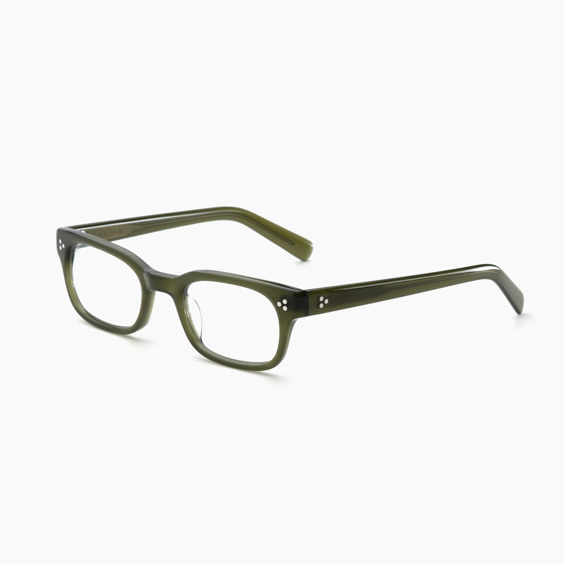 Olive green Akila Tracer rectangular eyeglasses with thick acetate frames, featuring two small silver dots on each front corner and available with blue light blocking lenses, displayed on a white background.