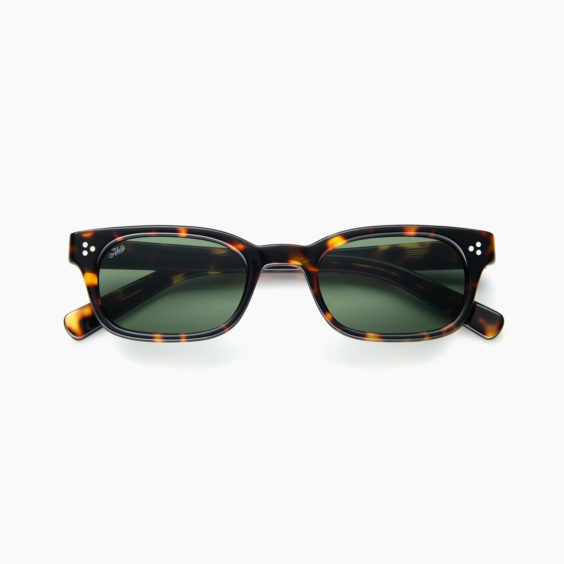 Brown tortoise rectangular acetate sunglasses with green lenses, white rivet accents, and thick temples, shown front-facing on a white background.