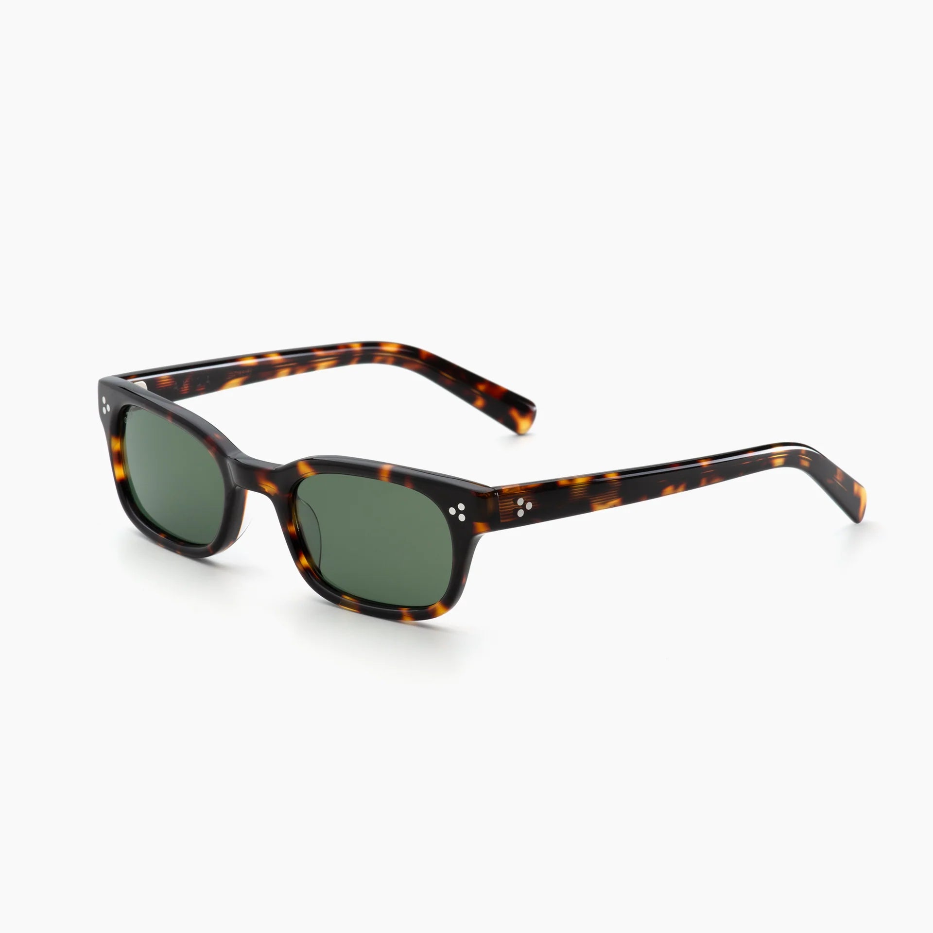 Brown tortoise rectangular acetate sunglasses with green lenses, white rivet accents, and thick temples, shown at an angled side view on a white background.