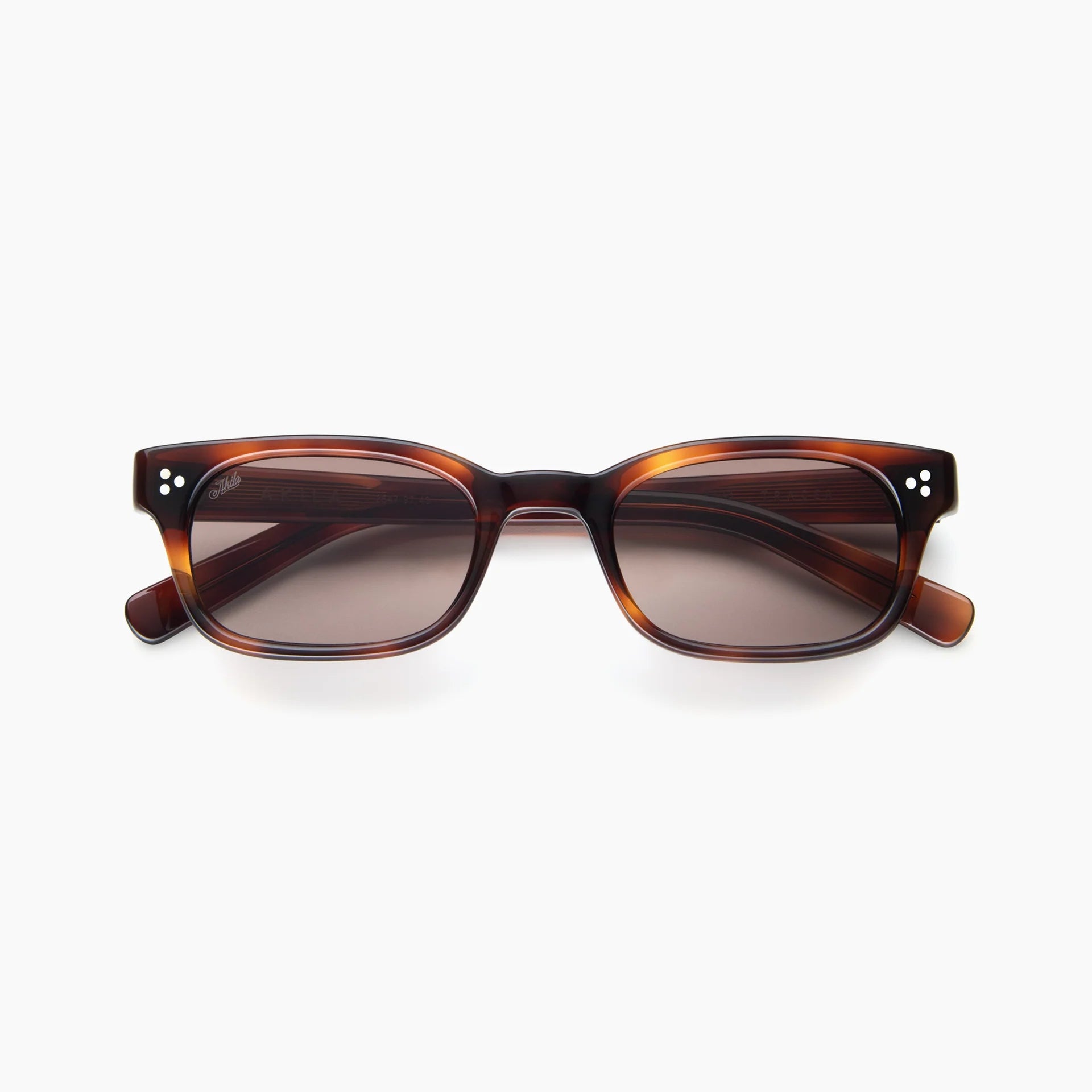Brown tortoise rectangular acetate sunglasses with brown-tinted lenses, white rivet accents, and thick temples, shown front-facing on a white background.