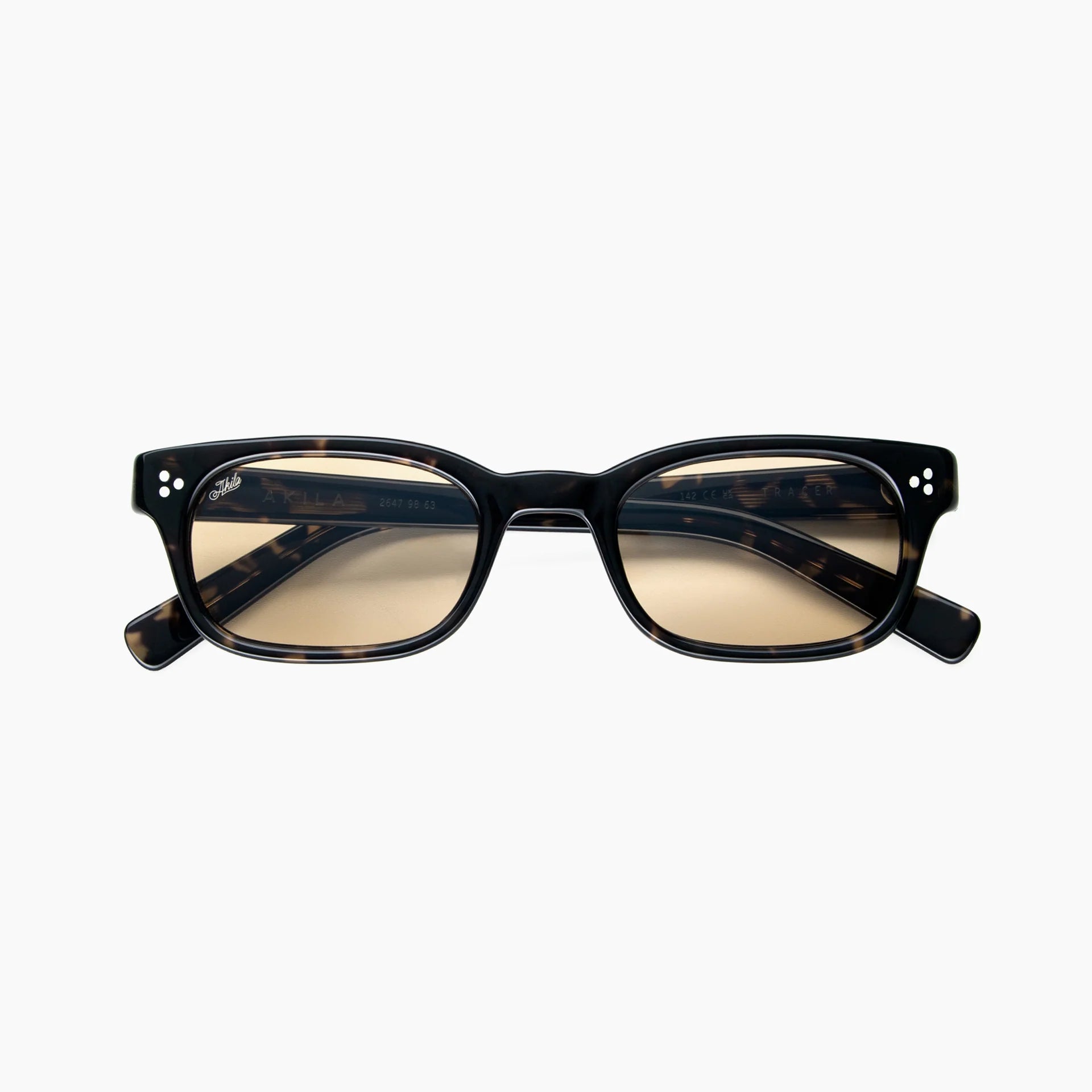 Dark tortoise rectangular acetate sunglasses with light brown-tinted lenses, white rivet accents, and thick temples, shown front-facing on a white background.