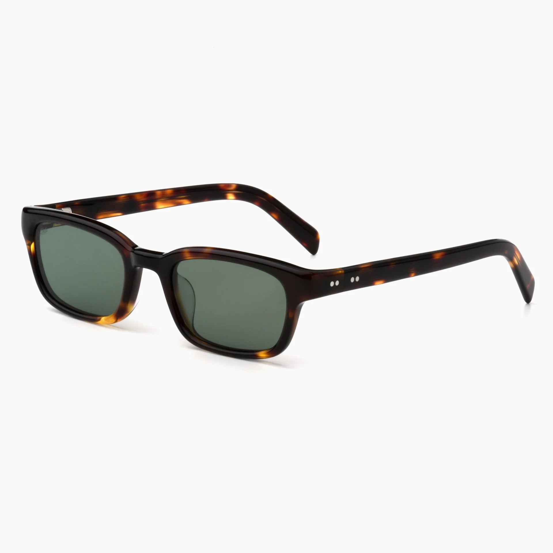 Sunglasses with tortoiseshell frame and dark lenses on a white background