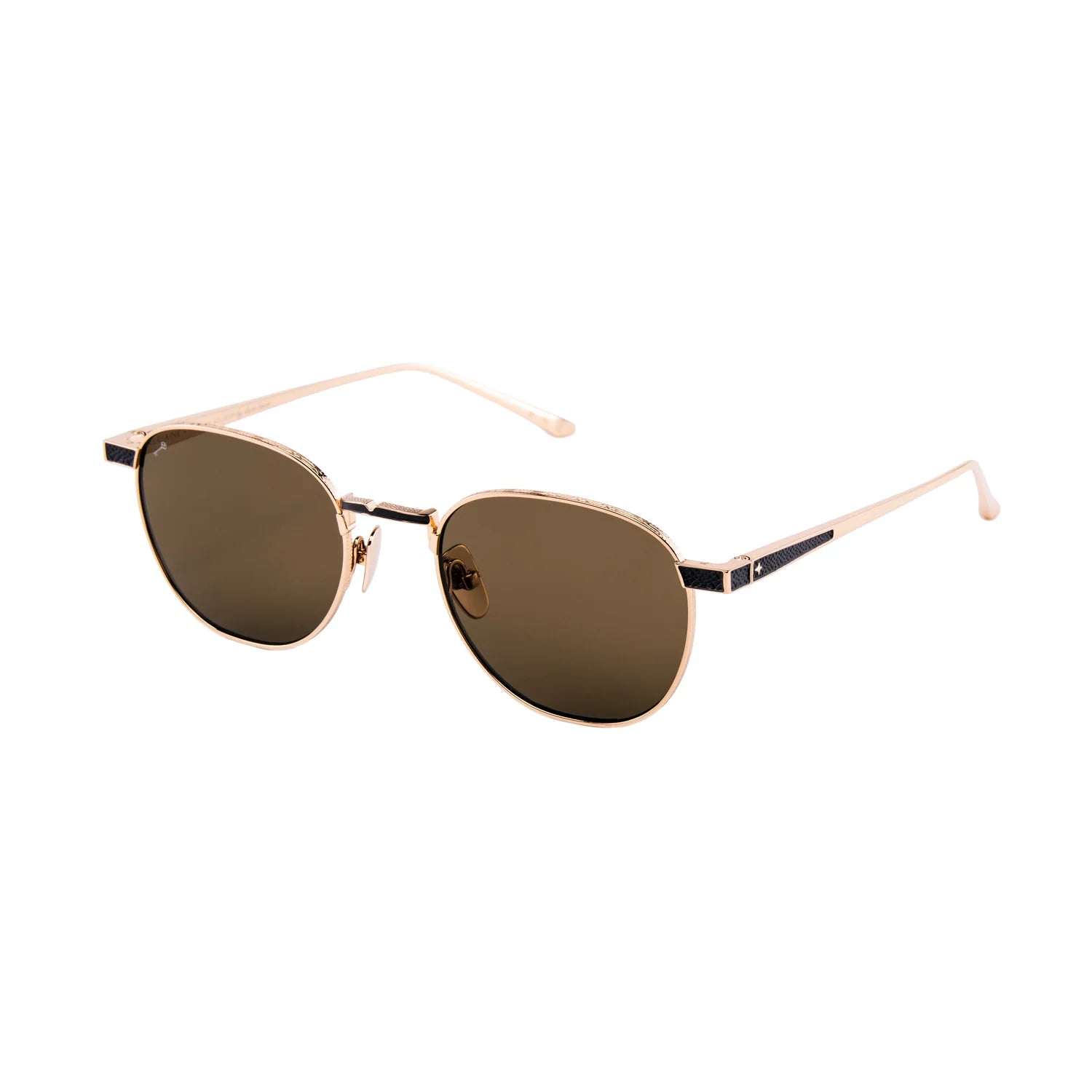 Oval sunglasses with gold metal frames, brown tinted lenses, and gold temples, shown on a plain white background.