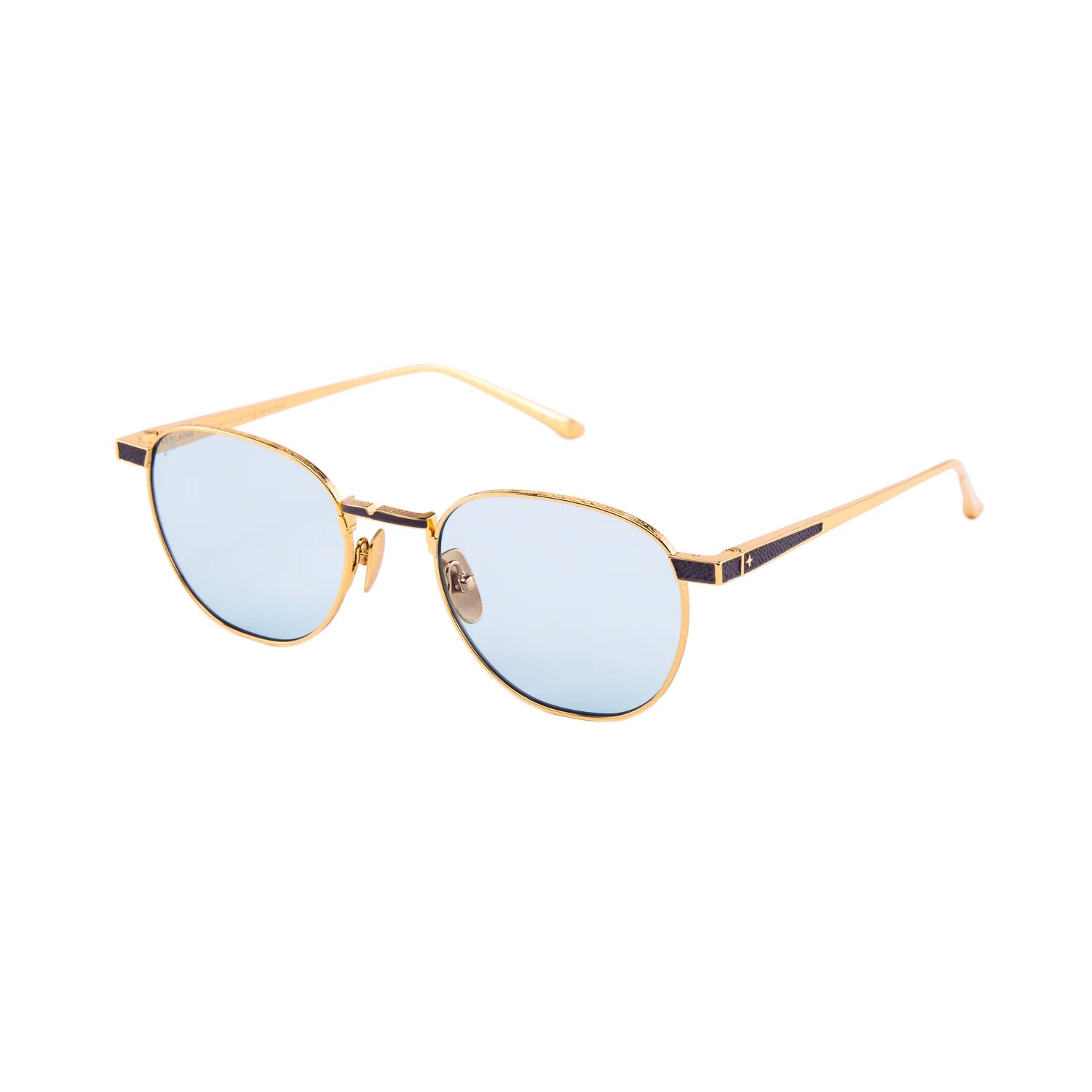 Oval sunglasses with gold metal frames and light blue mirrored lenses, shown on a plain white background.