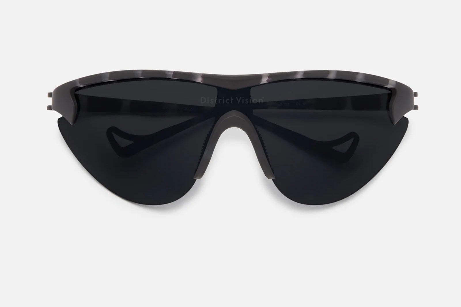 District Vision Yukinori Range Finder by District Vision—black wraparound sunglasses featuring a sleek, curved design and dark lenses, perfect for cycling or running—displayed against a plain white background.