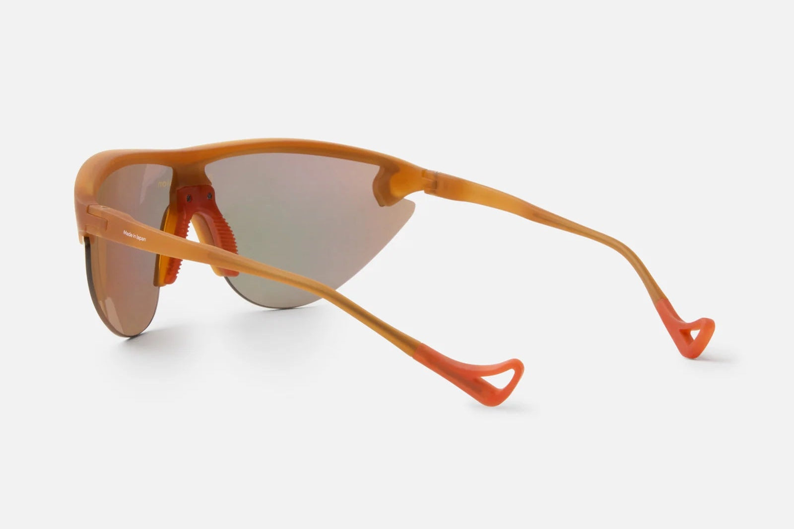 District Vision Yukinori Range Finder wraparound running sunglasses by District Vision feature orange mirrored lenses and uniquely curved, angled arms, shown on a plain white background.