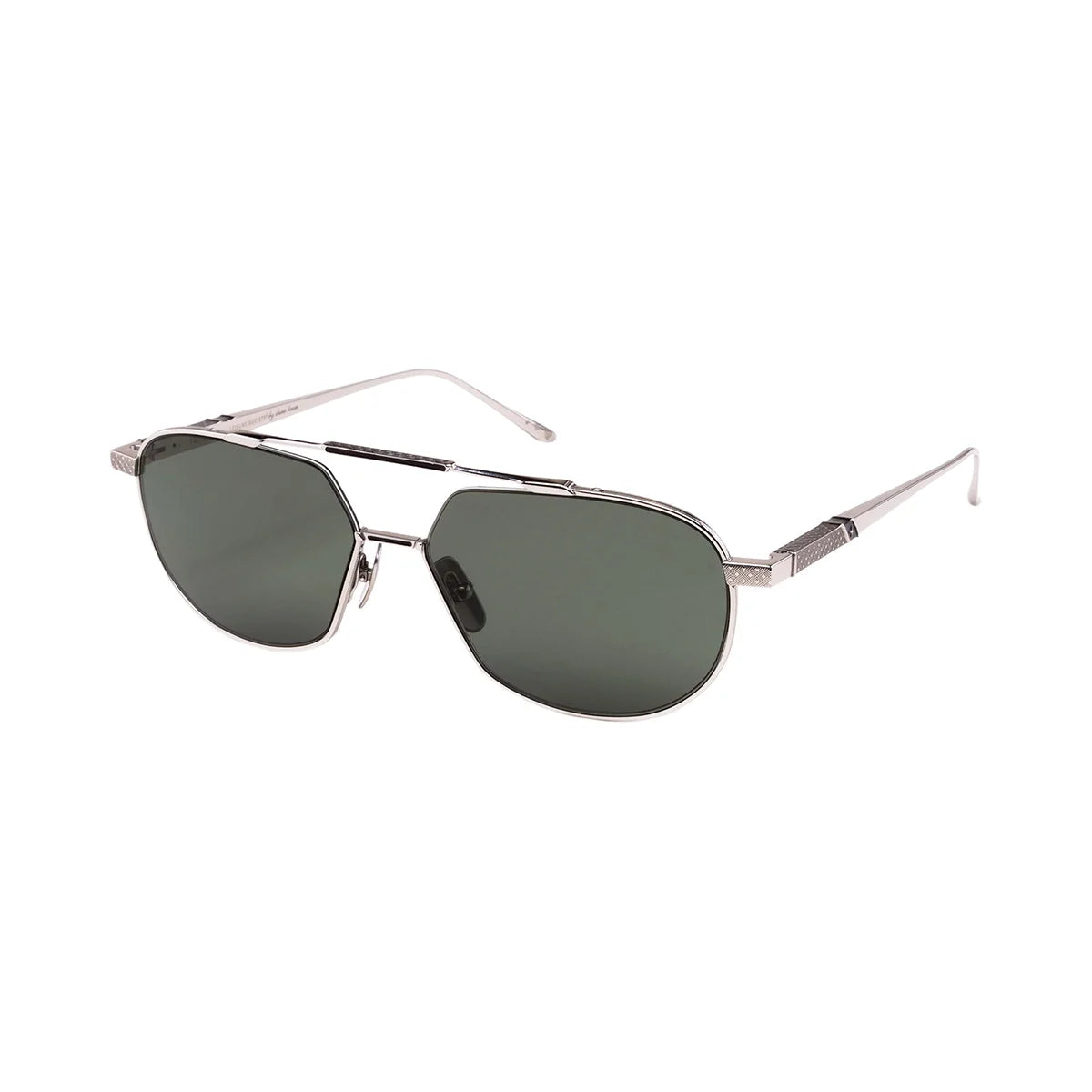 The Leisure Society Yuma by Leisure Society showcases titanium sunglasses with silver metal frames and dark green lenses, featuring a geometric frame shape and thin arms, displayed against a plain white background—ideal for those seeking luxury eyewear with a modern edge.