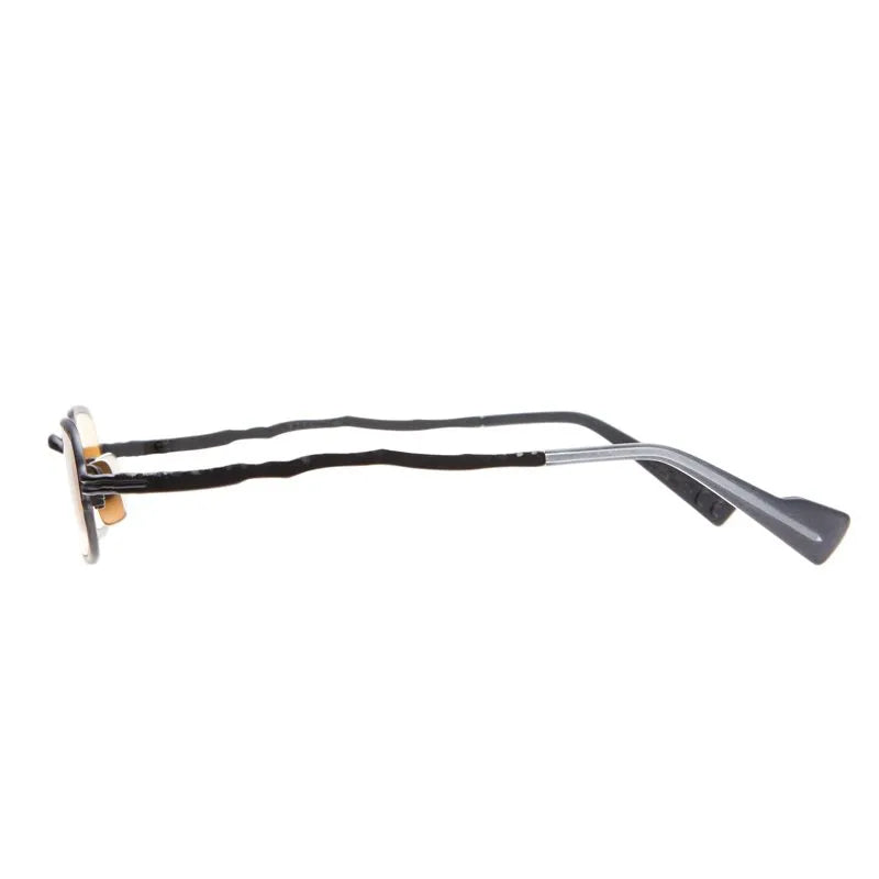 A pair of sunglasses with a thin silver-tone metal frame, black temple arms, and small amber accent pieces near the hinges, shown against a plain white background.