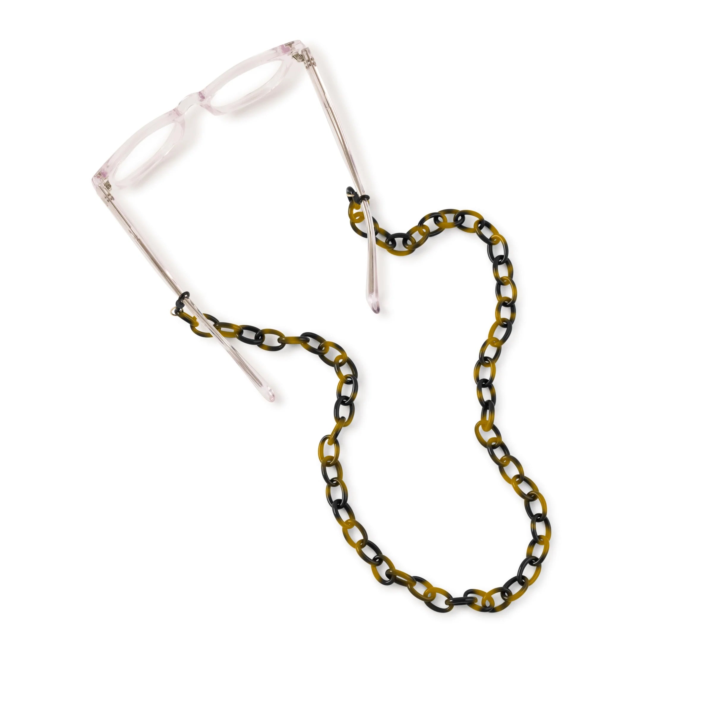 Clear eyeglasses with a black and yellow chain strap on a white background