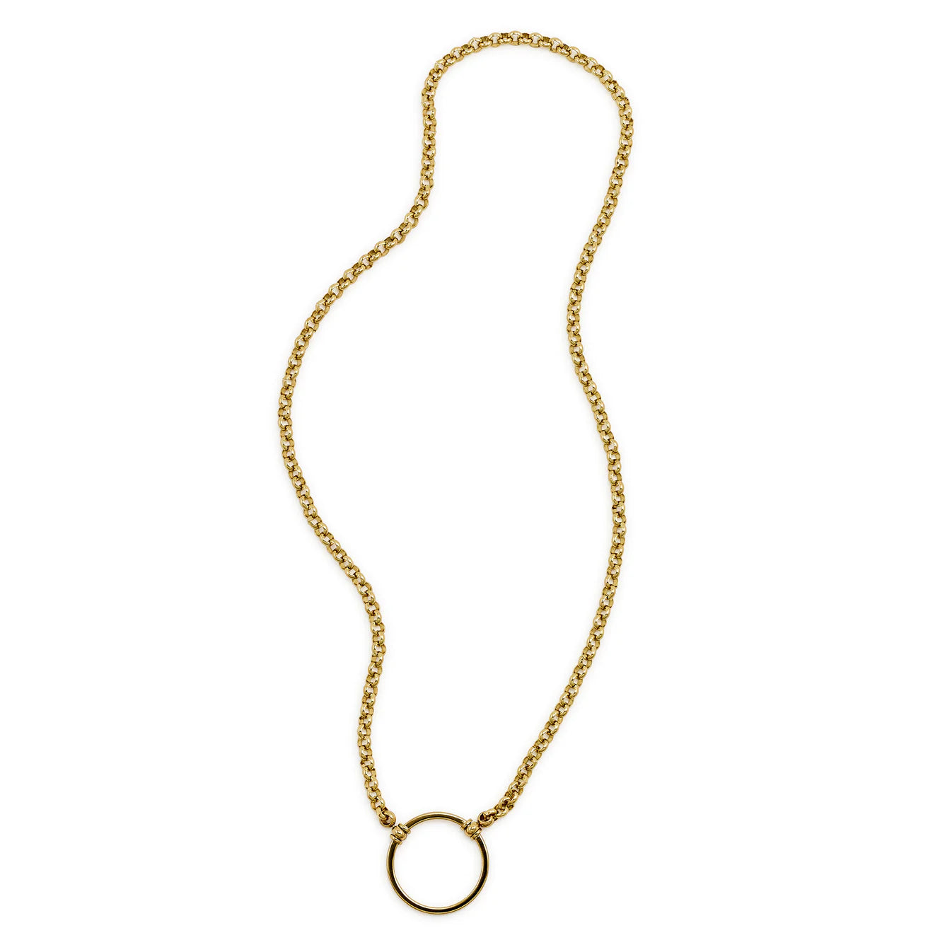 Gold chain necklace with a round pendant on a white background