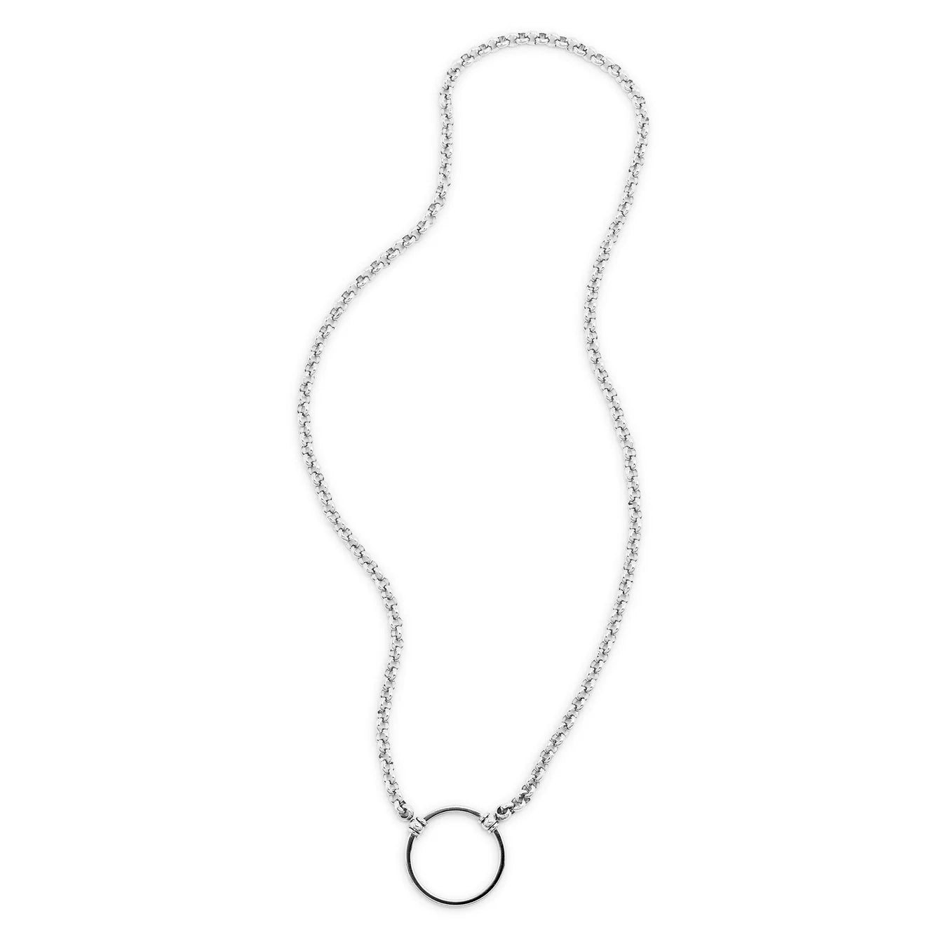 The La Loop Camilla by La Loop is a silver chain necklace featuring a simple round open circle pendant, inspired by their signature eyeglass holder design, shown against a white background.