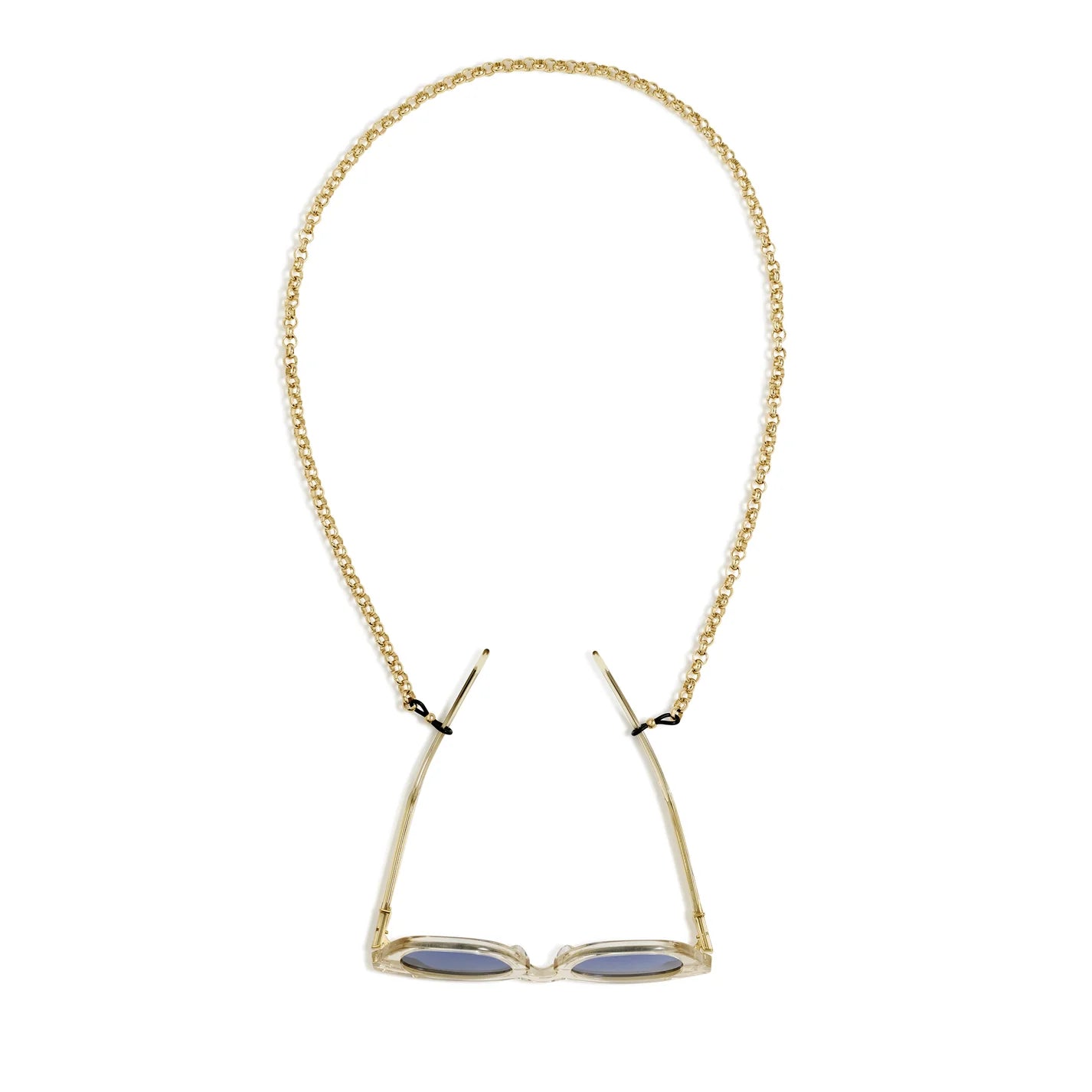 Gold necklace with blue stone pendants on a white background