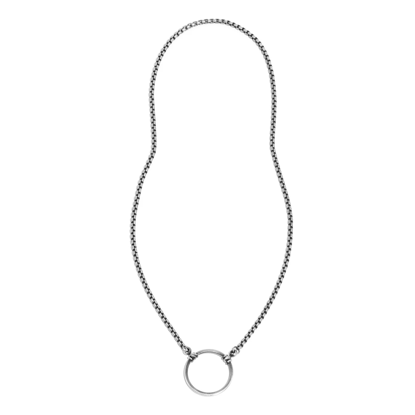 Silver necklace with a round pendant on a white background
